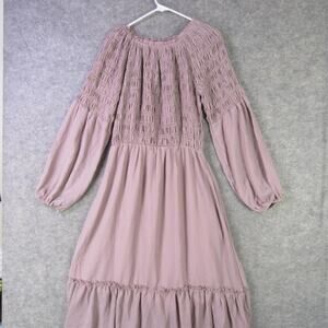 SWEETSALT Dress Womens Medium Mauve Smocked Long Sleeve Ruffle Hem Midi Boho
